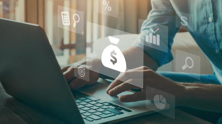 money bag icons over a person working on a laptop