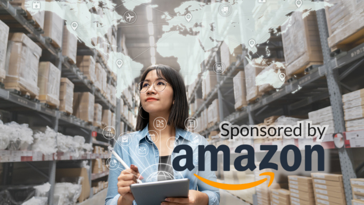person in a warehouse and Sponsored by Amazon logo